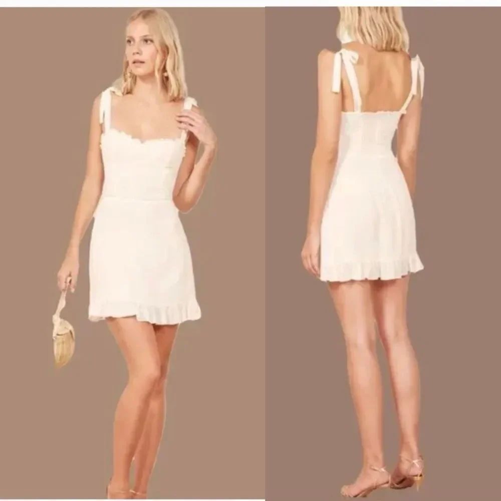 Reformation Christina Ivory Ruffle Detail Smoked Back Viscose Mini Dress 8